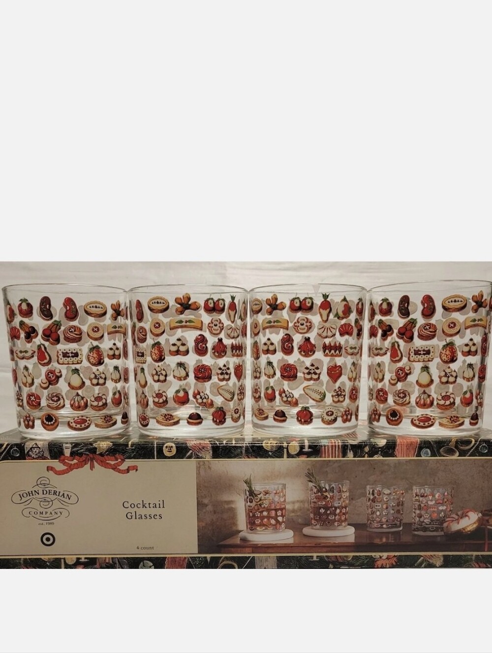 John Derian x Target Cocktail Glasses Highball Christmas Cookies Set of 4 Glass